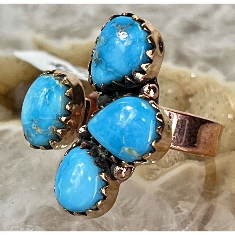 Southwestern Kingman Turquoise Copper Adjustable Bypass 4 Stone Cluster Ring - Picture 2 of 15